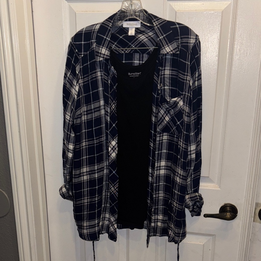 Motherhood Maternity Navy and White Plaid Shirt and Bump Start tank & pants